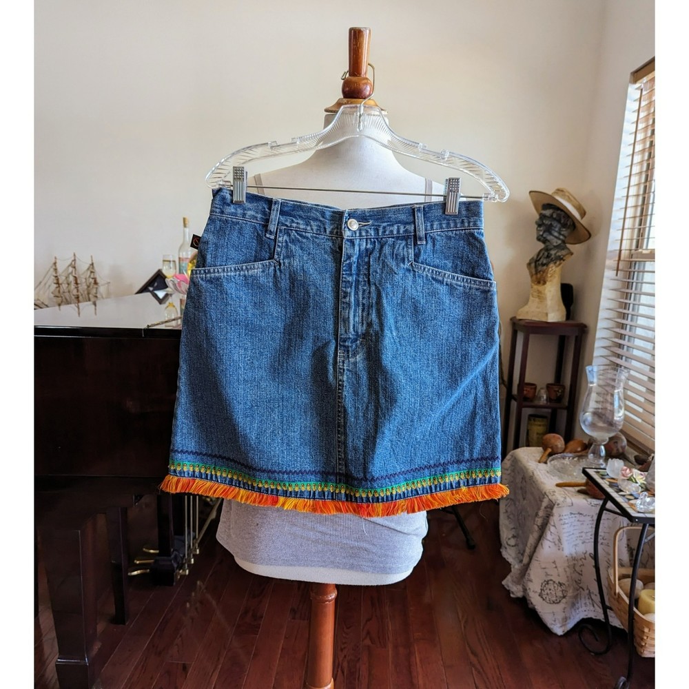 Vintage  No Excuses jean skirt with fringes  Sz  9/10